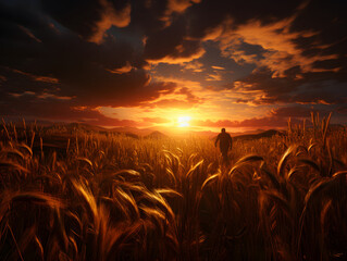 A sunset in a wheat field