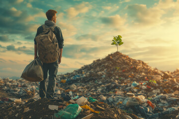 a man holding a bag with a small seedling on his shoulders, who is tired of fighting with the consumer society, standing on top of a garbage hill and looking at hill of garbage with small tree  - obrazy, fototapety, plakaty