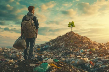 Foto op Plexiglas a man holding a bag with a small seedling on his shoulders, who is tired of fighting with the consumer society, standing on top of a garbage hill and looking at hill of garbage with small tree  © alenagurenchuk