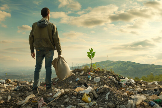 a man holding a bag, who is tired of fighting with the consumer society, standing on top of a garbage hill and looking at hill of garbage with small tree 