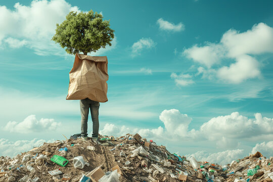 a man eco activist holding paper bag and green tree from his bag standing on the pick of trash hill 