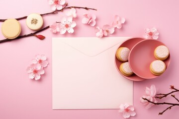 Blank card mockup with cookies and Chinese sakura, happy Chinese New Year