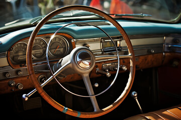 Steering wheel and dashboard of old car