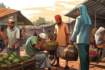 flat hand drawn arab market illustration  - obrazy, fototapety, plakaty