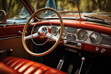 Steering wheel and dashboard of old car