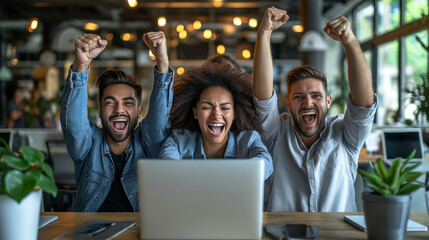 Group of People Celebrating in Front of a Laptop