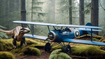 baby dinosaurs and the blue classic biplane in the forest.