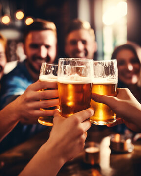 Autumn Cheers: Friends in Cozy Attire Enjoying Beers at Local Restaurant After Work