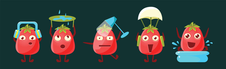 Funny Red Tomato Character Engaged in Different Activity Vector Set