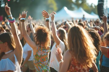 Small group of young adults are dancing around in a crowd together at a music festival. 