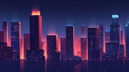  "Paysage urbain stylisé au crépuscule : Atmosphère futuriste et vibrante"