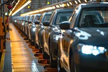 View of cars on production line in factory 