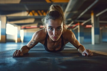 Fototapeta premium Young caucasian woman training in public garage. Doing push ups. 