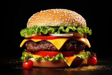 Hamburger, cheese, bacon, lettuce, tomato, onion on a dark black background.national hamburger day concept