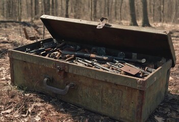 Wooden military crates for weapons and ammunition laid in the forest.