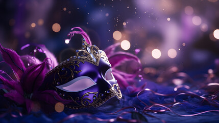 Carnival party - purple venetian mask with abstract defocused bokeh lights and glitter streamers. Masquerade female mask