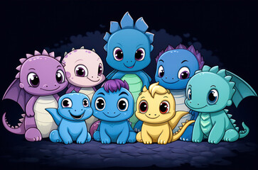 Obraz premium cartoon dragons or dinosaurs characters friends together