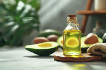 Avocado oil bottle on a table