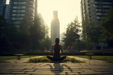 Depict yoga in an urban park with modern skyscrapers