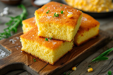 Sliced cornbread pieces on board