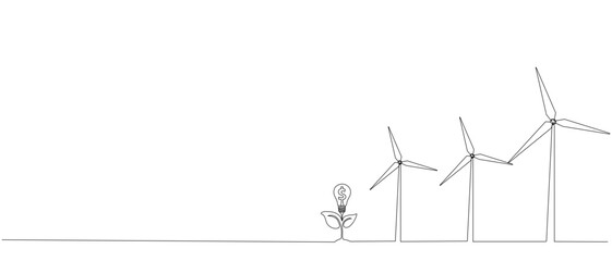Obraz premium Eco-energy, energy from windmills, wind power plant. Building up ecological energy, increasing environmental friendliness concept in simple linear style of one line. Vector