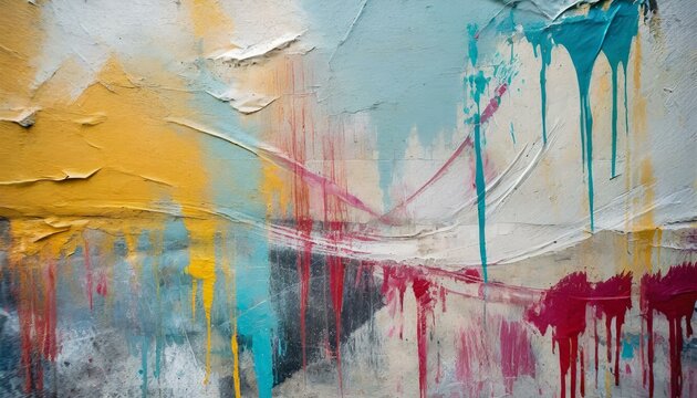 abstract watercolor background, Messy paint strokes and smudges on an old painted wall background. Abstract wall surface with part of graffiti. Colorful drips, flows, streaks of paint and paint sprays