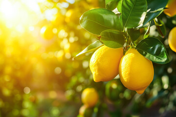 Sunlit lemons on tree