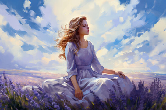 The girl is meditating in a lavender field under the summer sky