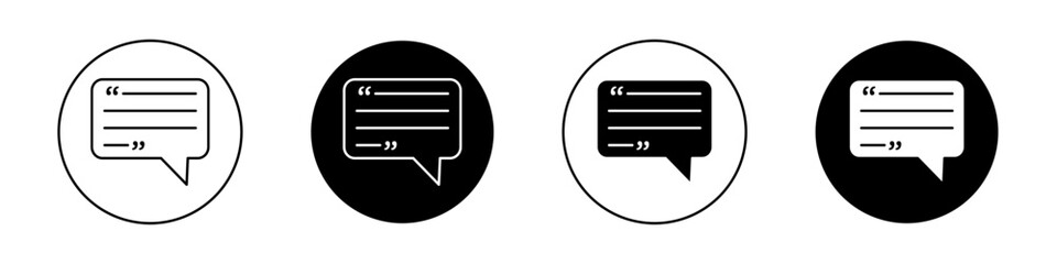 Testimonial icon set. Conversation quote feedback vector symbol in a black filled and outlined style. Chat pictogram sign.