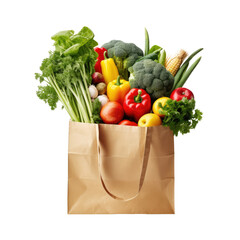 Supermarket. Paper bag full of healthy food on white background