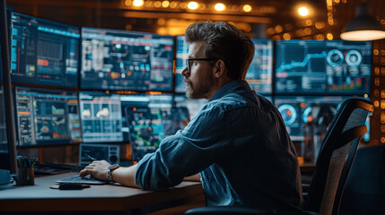 Fototapeta premium A Man Sitting in Front of a Computer Monitor