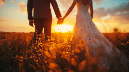Bride and Groom Holding Hands in a Field at Sunset