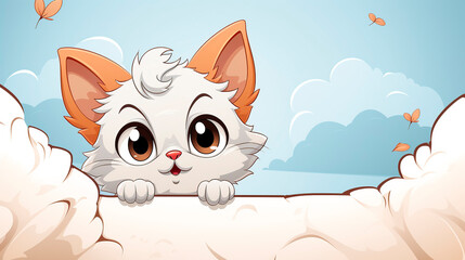 Cute cat peeking out from behind the white wall illustration