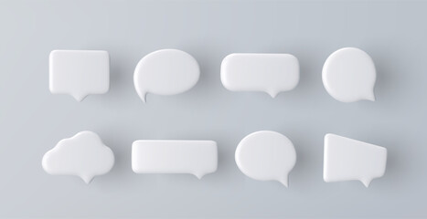 3D white speech bubble icon set on a grey background - obrazy, fototapety, plakaty
