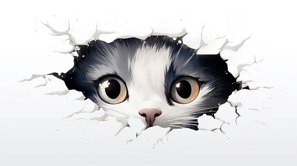 Cute cat looking through hole in white wall