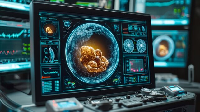 A computer screen displaying a baby in utero with monitors surrounding it, AI