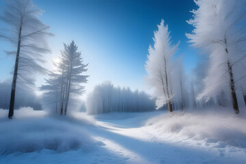 Serene Winter Landscape with Snow-Covered Trees and Clear Blue Sky