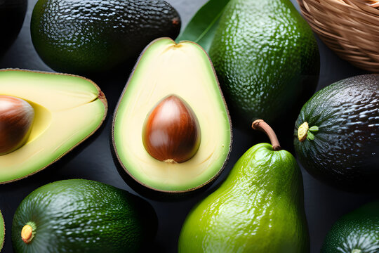 Assorted Avocados on Dark Green Background. Healthy Eating Concept for Recipes.