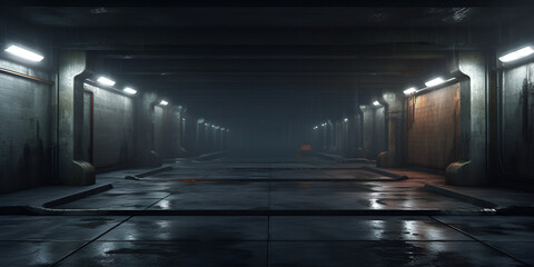 Midnight basement parking area or underpass alley Wet hazy asphalt with lights on sidewalls crime, 
