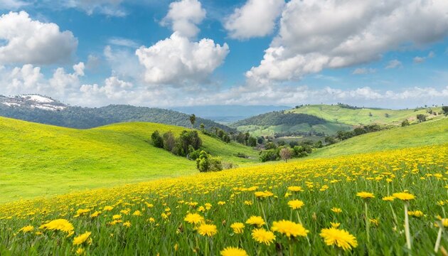 There are fresh meadows and yellow dandelion flowers on the beautiful grassland