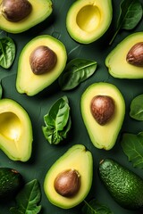 Many cut avocados on a dark surface, pattern seamless, flatlay layout. Concept of healthy food, diet