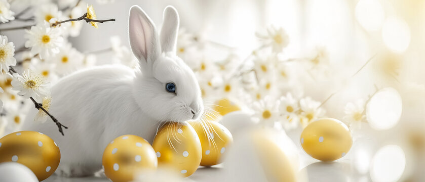 Easter bunny with easter eggs gold color rich white background, have space for add text ultrawide picture  ads. ratio 21:9, Easter content illustrations, easter background