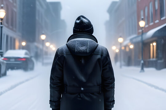 Man In Winter Coat Walking Down Snowy Street With Blurred City Lights In Background