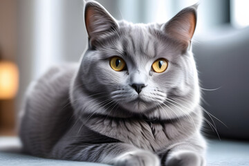 Grey Cat Looking at Camera with Beautiful Yellow Eyes and Fluffy Grey Fur