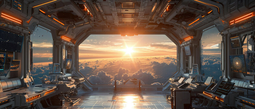 Window view of space and planets from a space station