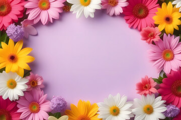 Fototapeta na wymiar Colorful Gerbera Daisy Frame on Pastel Pink Background. Perfect for Spring and Summer Designs