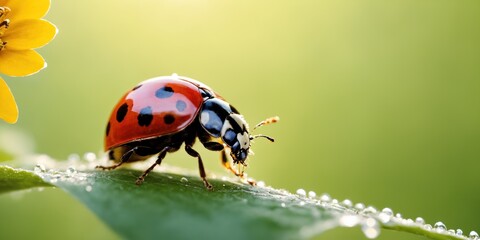 Ladybug on the grass with dew drops. Nature background.