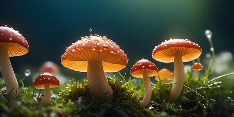 Fly agaric mushrooms in the moss. Beautiful nature scene. - obrazy, fototapety, plakaty