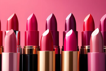 Lipstick Collection in Various Shades on Pink Background for Makeup and Beauty Concept