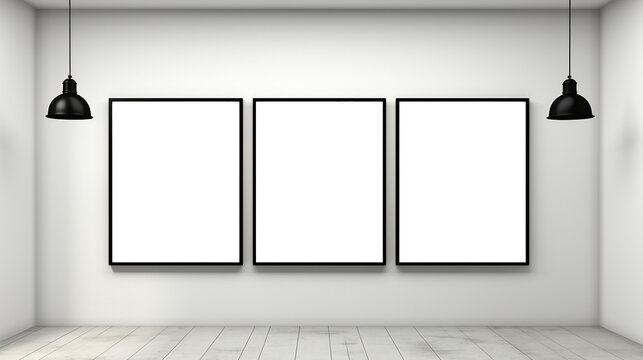 Three empty frames on a white wall in the room